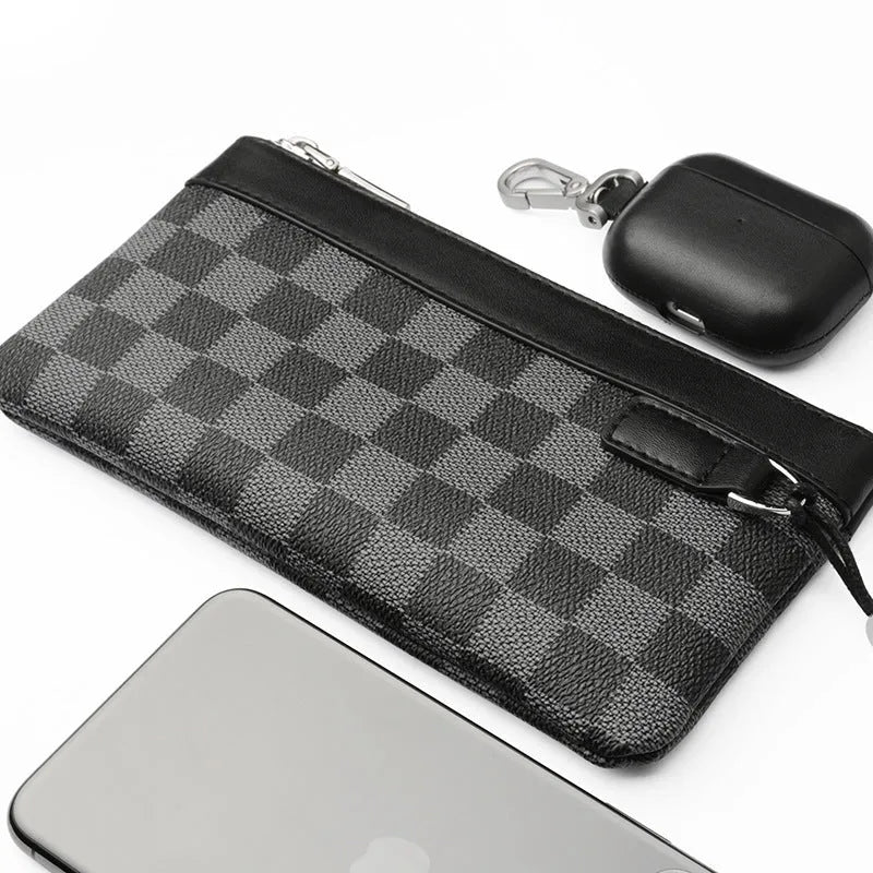 Black men's leather plaid clutch wallet made from cowhide, showing its 20x10 cm size.