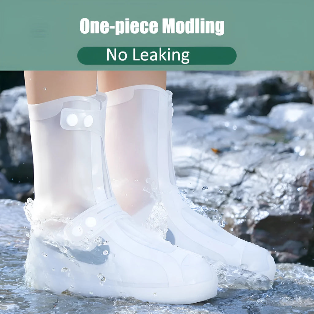 White PVC high top reusable waterproof shoe covers for women with anti-skid soles