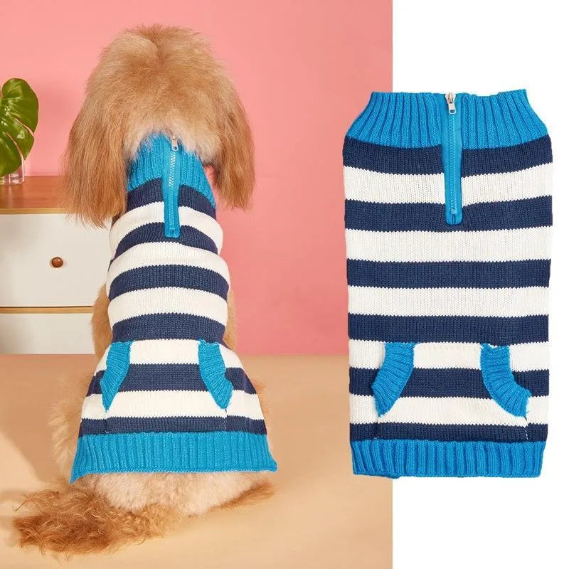 Grey dog sweater with contrast trim, horizontal front zipper, and a button pocket on a small dog.