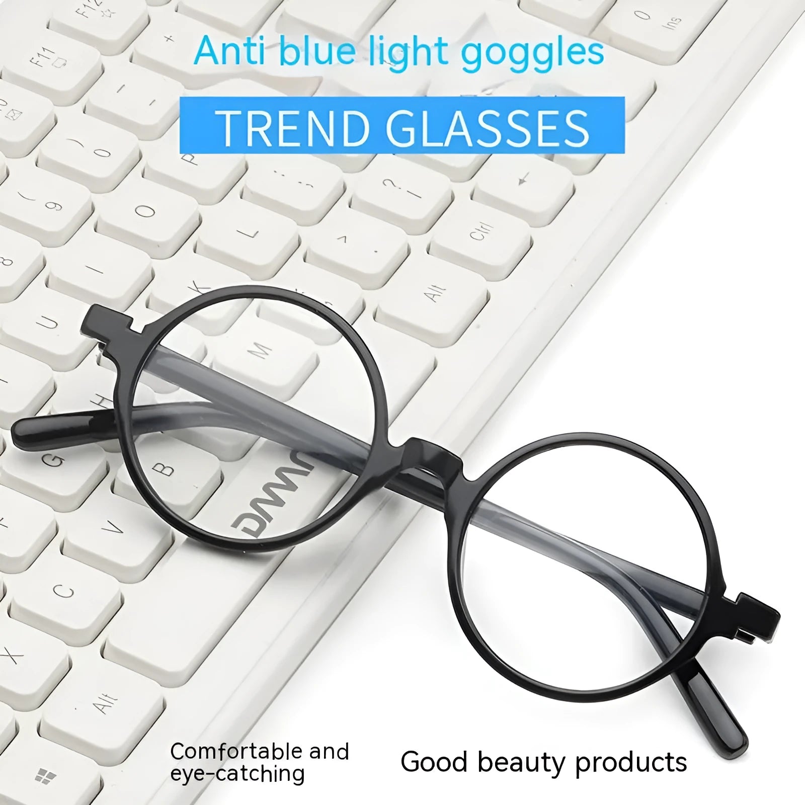 Artistic retro round glasses with PC frame in bright black, sand black, tofu pudding, and transparent grey colours