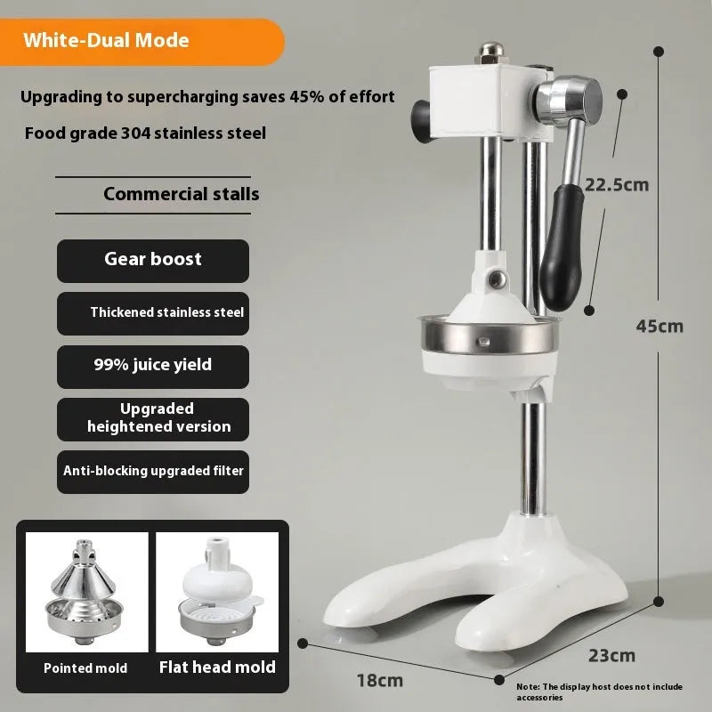 Vertical stainless steel manual juicer on zinc alloy base, showing colour and head style options.