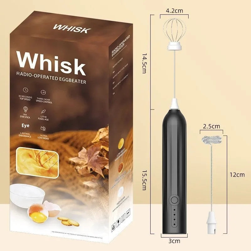 Mini handheld electric milk frother with stainless steel whisk in black colour