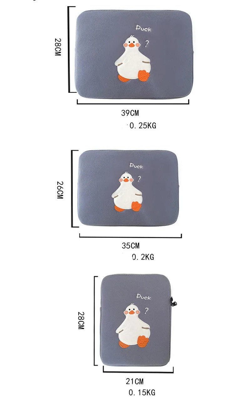 Cotton tablet case with embroidered cartoon duck design and zipper closure