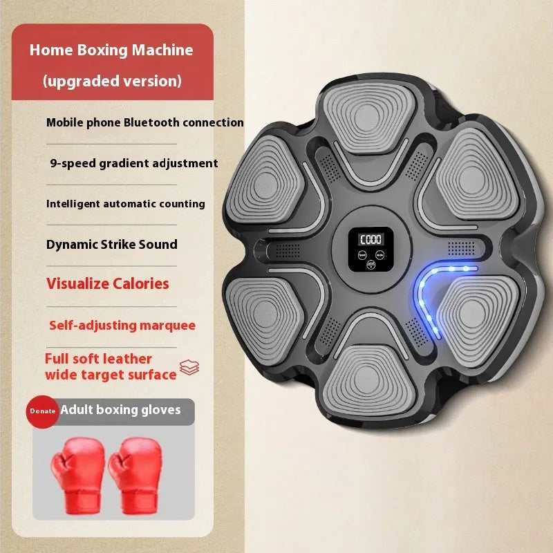 Smart electronic boxing target mounted on a wall, with black and white boxing gloves for reaction training.