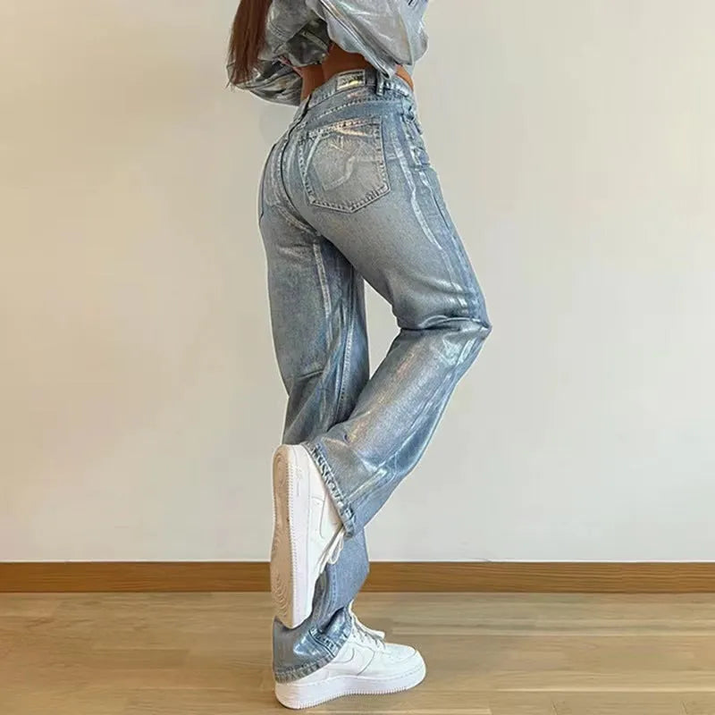 Women's blue hot silver high waist straight leg denim jeans with contrast colour street style details