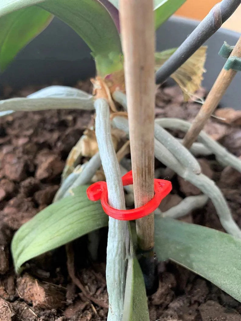 Red cat-shaped plastic gardening clip for plant support on green leaves