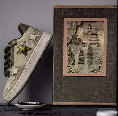 Green China-chic star pattern casual sneakers with mesh lining and rubber sole