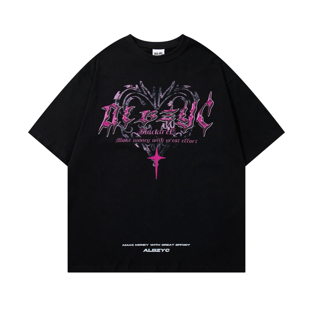 Men's printed cotton t-shirt in black with fashion design and loose fit silhouette
