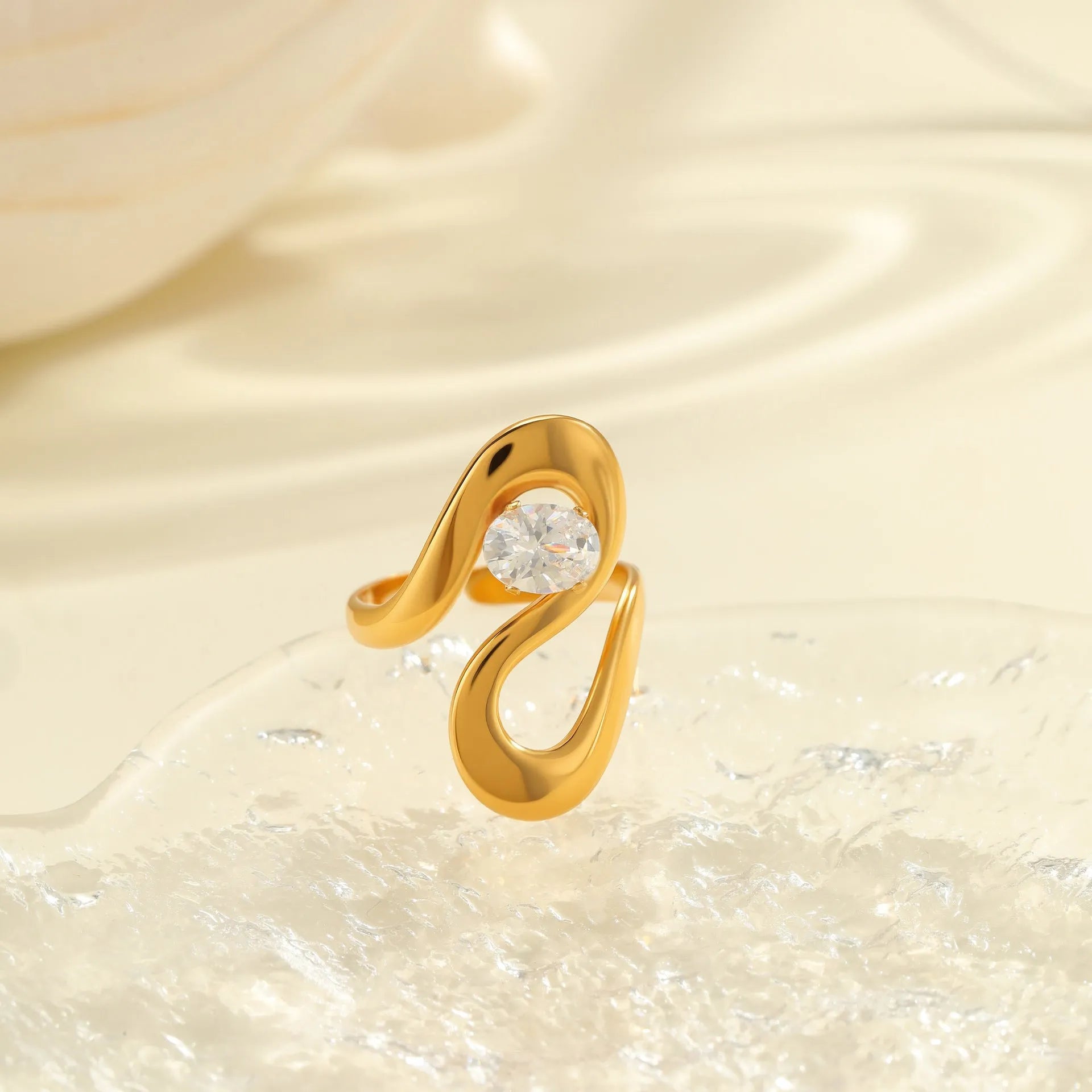 Geometric stainless steel ring with electroplated zircon stones in multiple colour options
