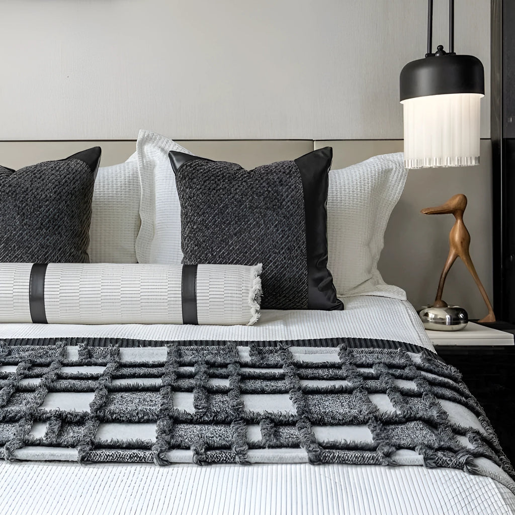 Grey and white plaid polyester bed runner blanket set with pillowcase on a modern double bed.
