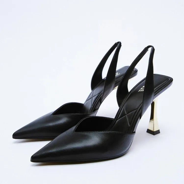 Patent leather pointed toe high heels in nude apricot colour with shallow mouth design