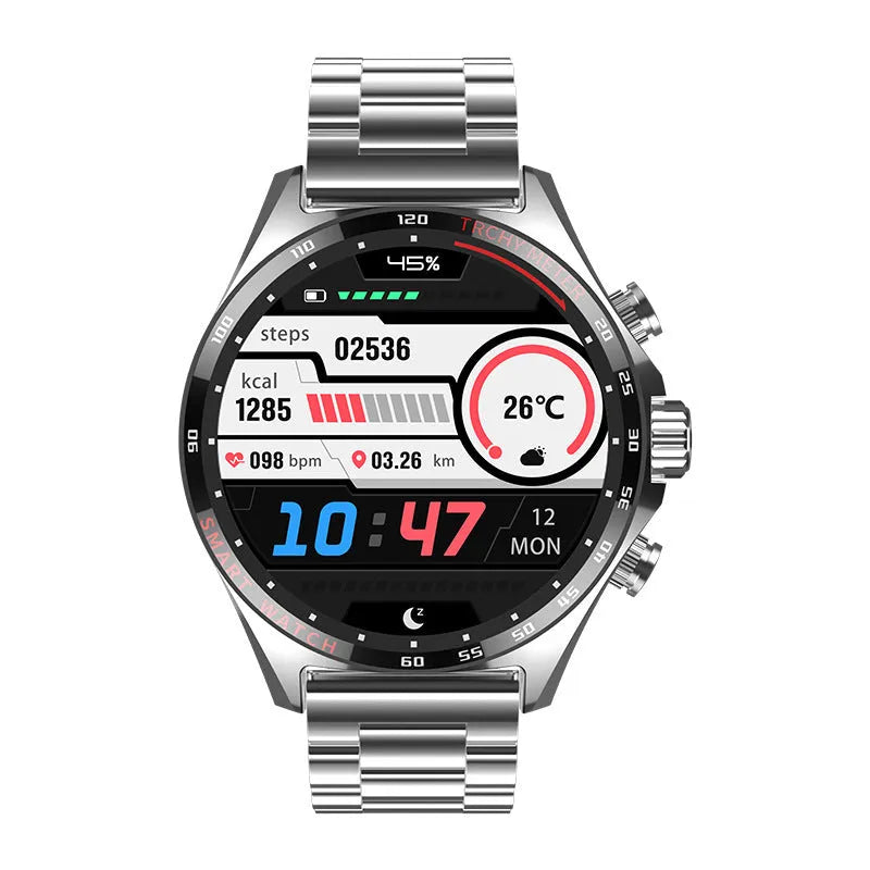 Smart watch with health monitoring display showing heart rate and blood oxygen readings