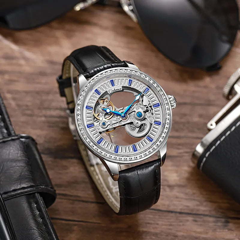 Men's luxury zircon mechanical watch with stainless steel case and black leather strap