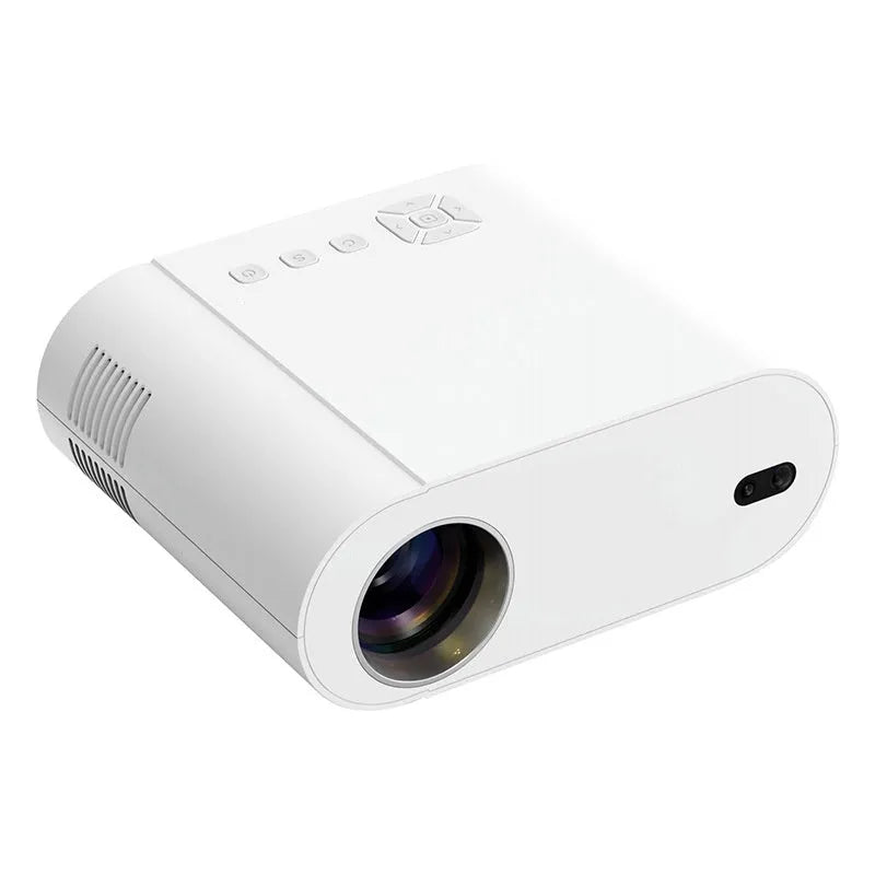 White T07 smart projector with remote control on a table, displaying a 1080p Full HD image.