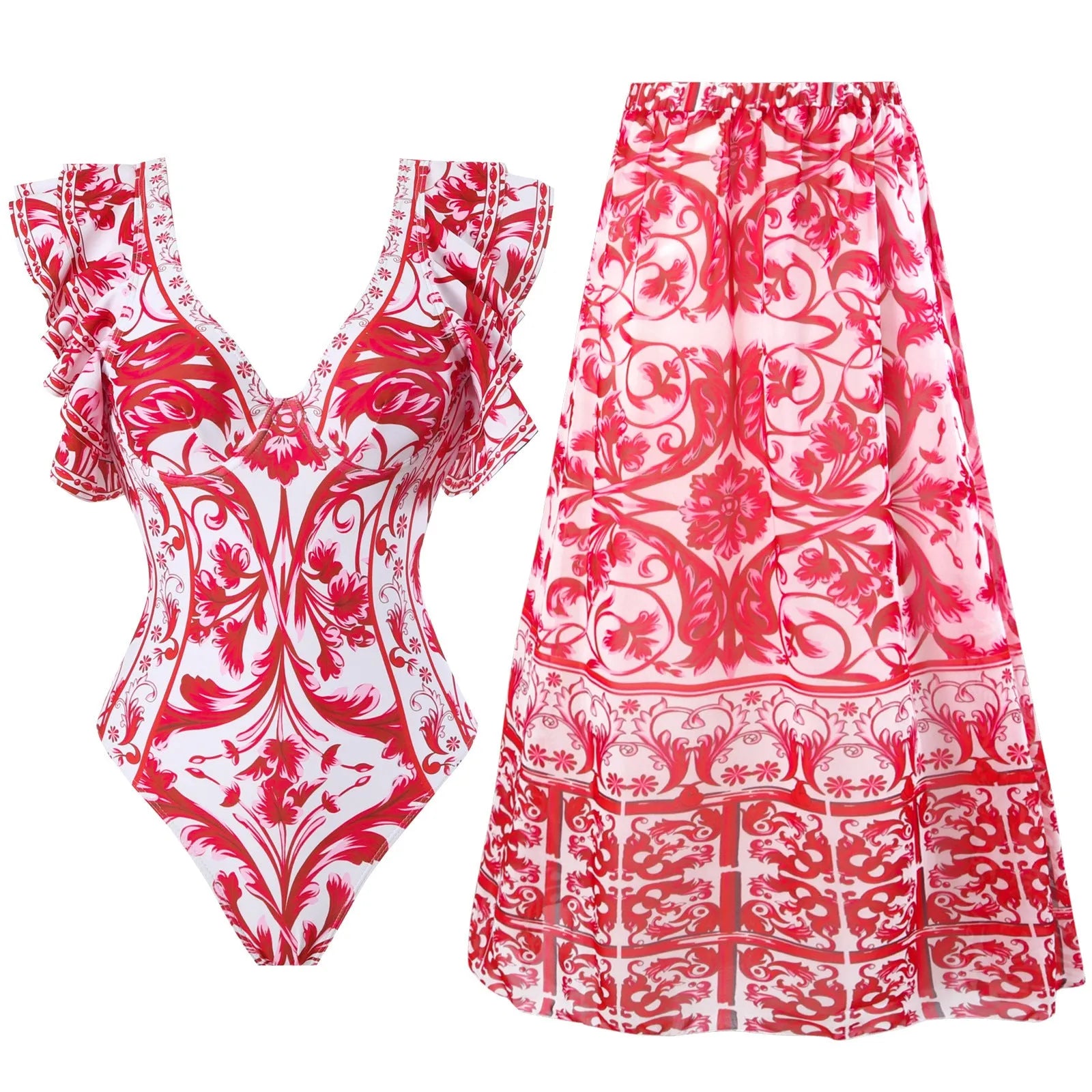 Women's one-piece swimsuit with matching skirt set in polyester fabric available in multiple colours