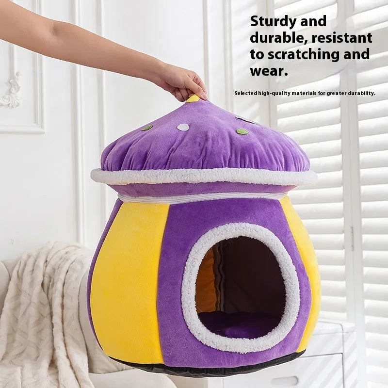 Grey mushroom-shaped hooded cat bed made of soft rabbit plush, shown with a cat inside.