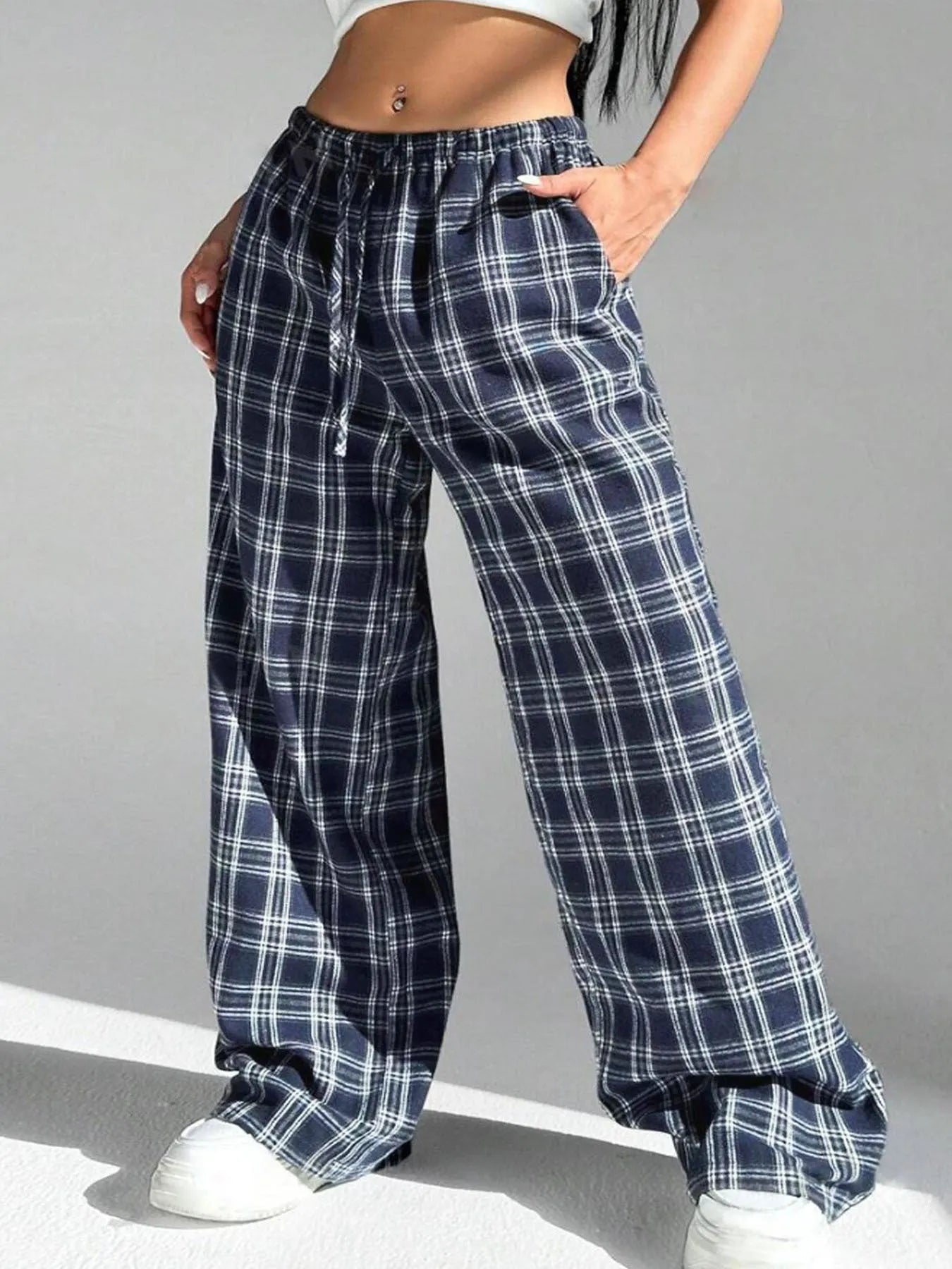 Women's blue plaid casual trousers with elasticated drawstring waist and side pockets
