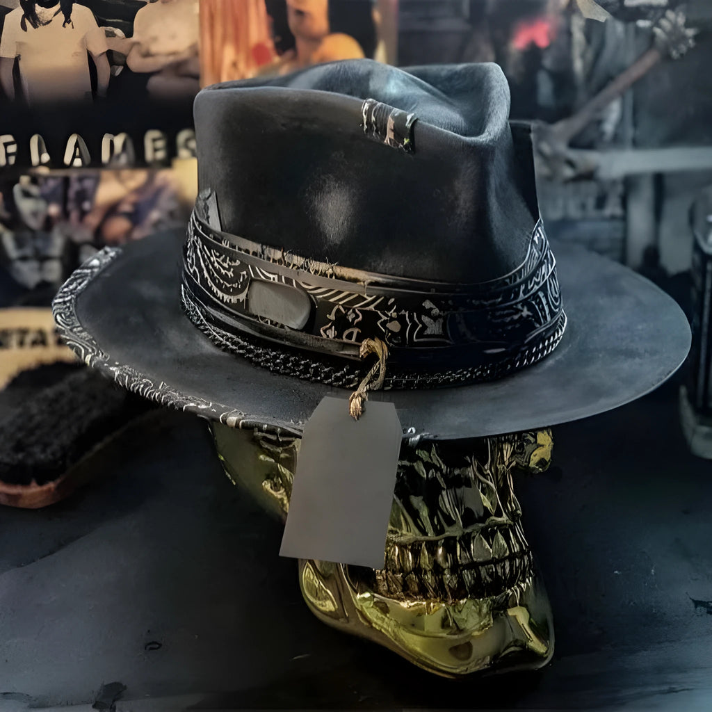 Black and white skull print wool felt denim hat with conical crown for Halloween costumes