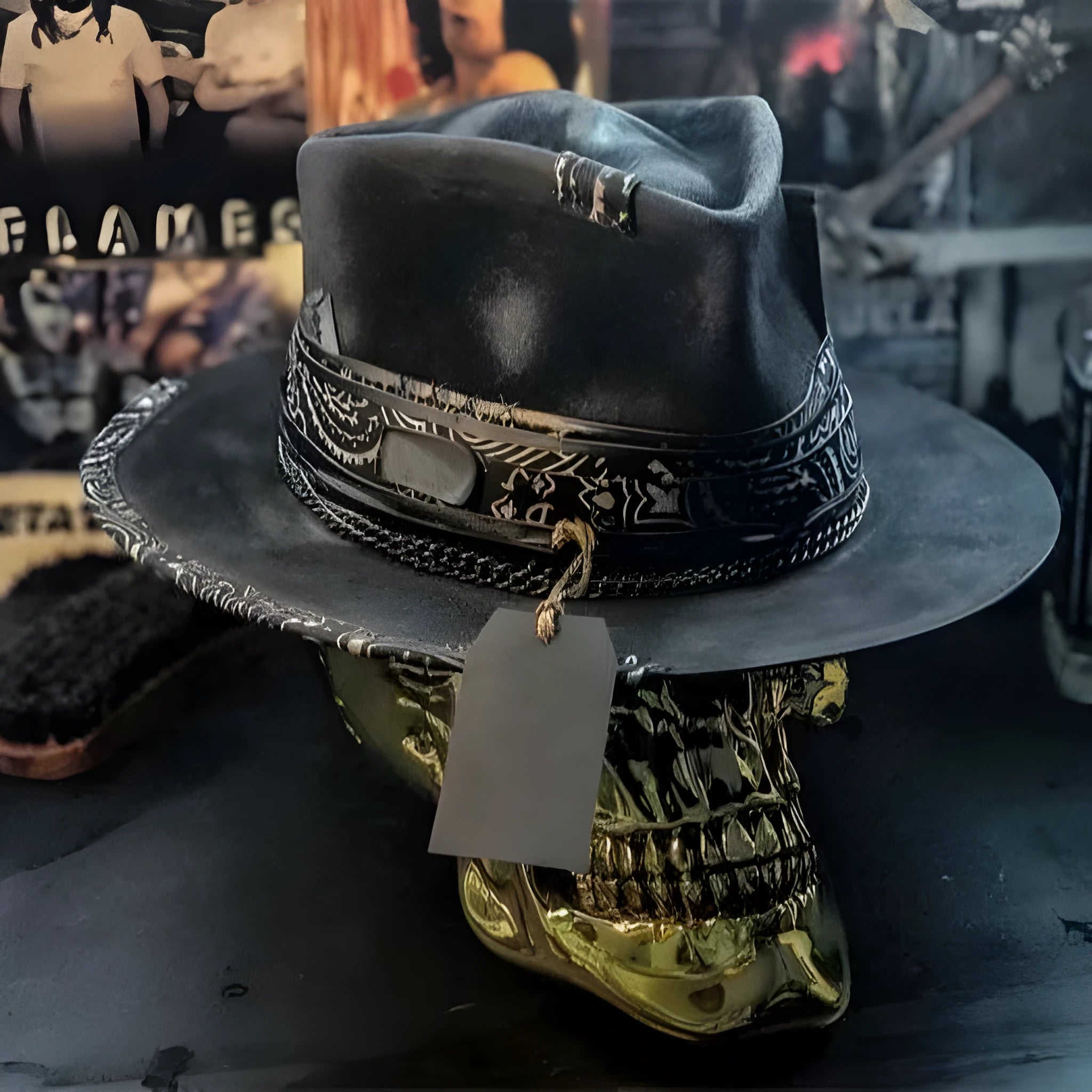 Black and white skull print wool felt denim hat with conical crown for Halloween costumes