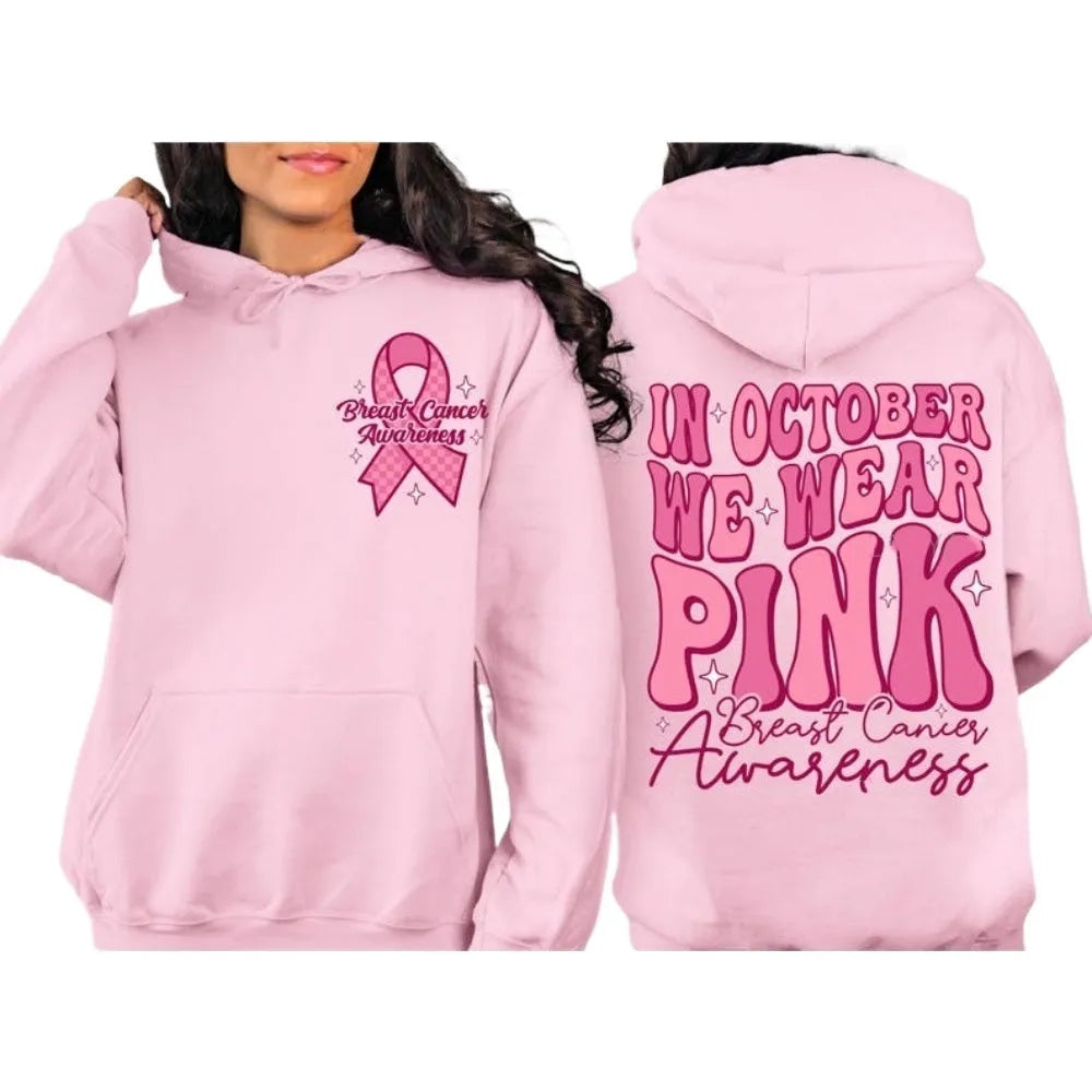 Women's pink Breast Cancer Awareness hoodie with retro art design and side pockets