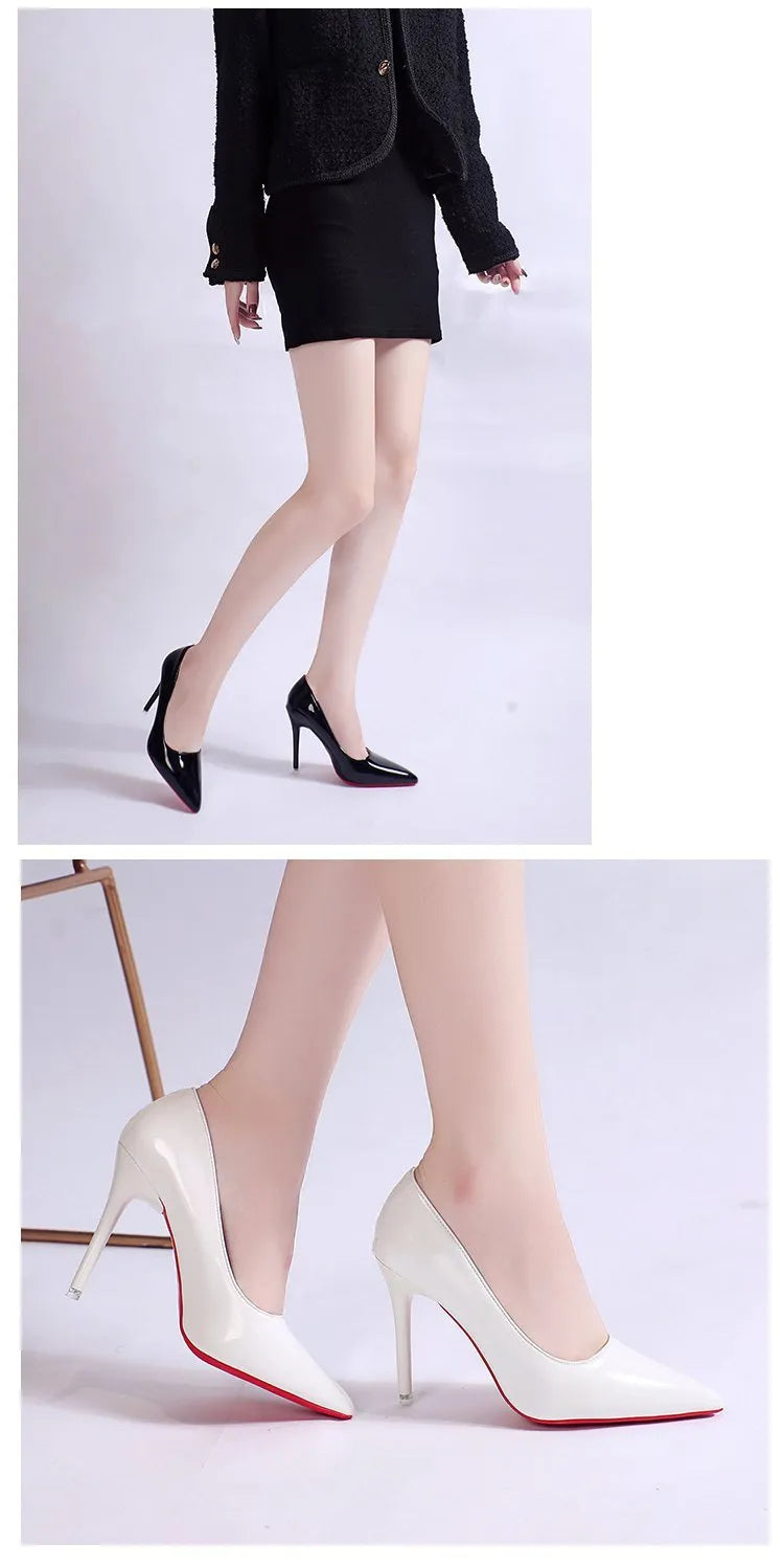 Women's solid colour stiletto heel pumps with pointed toe and shallow mouth opening