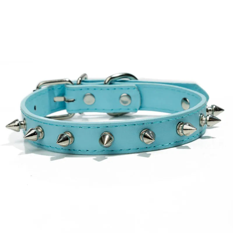 A studded dog collar made of black PU leather with metal studs and an alloy buckle