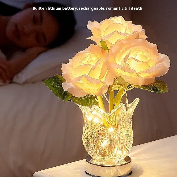 Crystal flowers decorative touch table lamp with USB charging cable on wooden bedside table