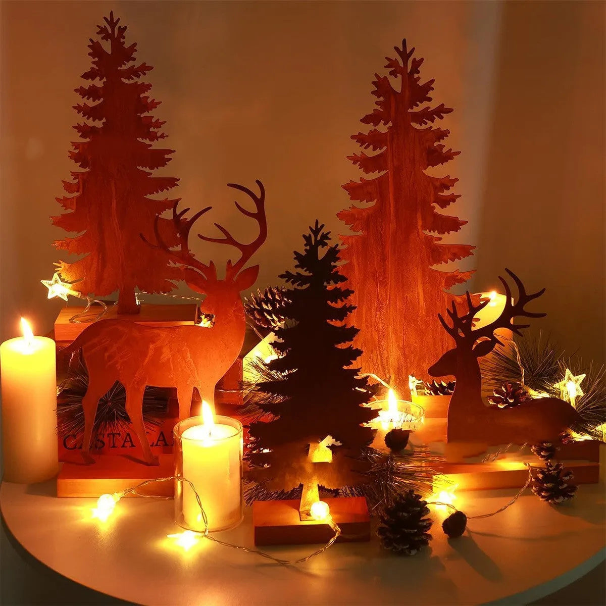 Set of three metal rustic elk Christmas tree decorations in vintage American style.