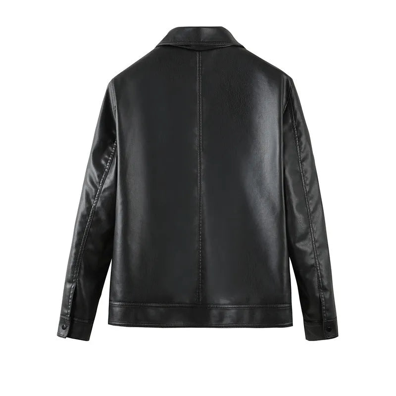 Men's black loose fit PU leather casual jacket with zip front