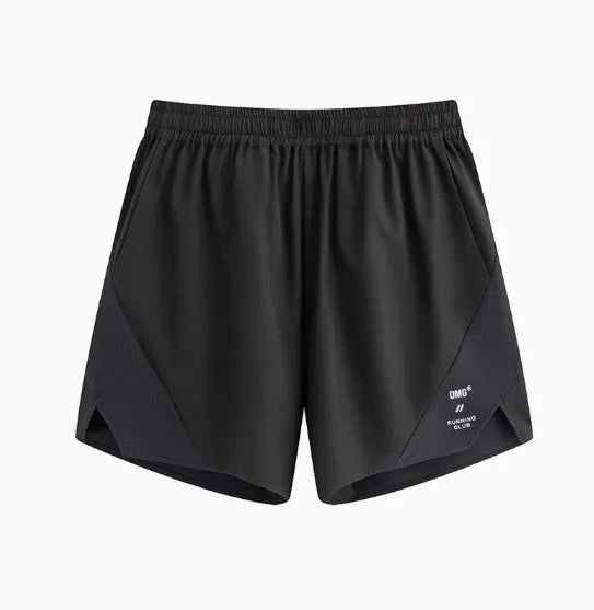 Black and blue four-point stretch running shorts with laser-cut stitching detail on a mannequin.