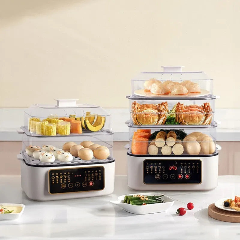 Stainless steel electric food steamer with 28 litre capacity and steaming rack