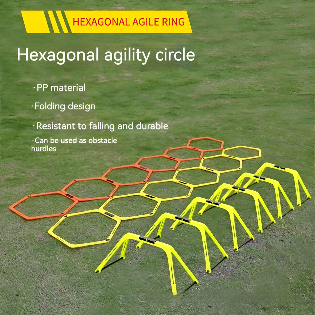 Set of six foldable yellow green and orange hexagon football agility training rings on grass.
