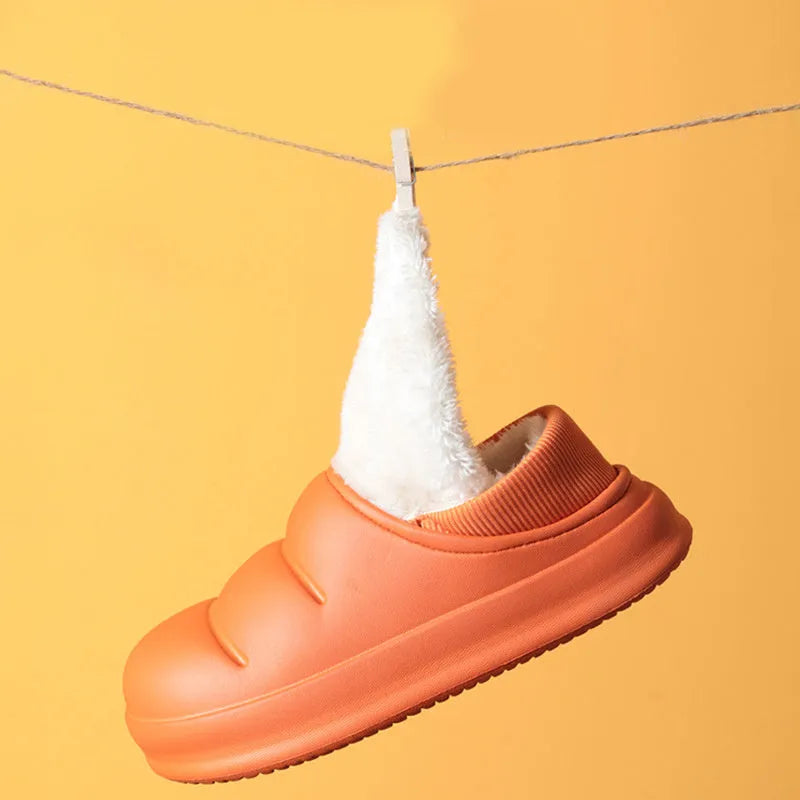 A pair of green EVA couple slippers with plush lining, shown as indoor house shoes and outdoor garden overshoes.