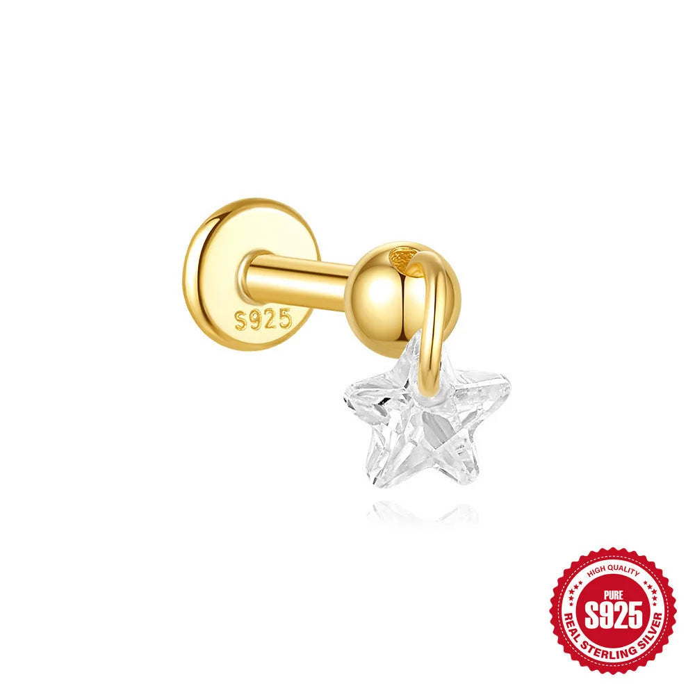 S925 sterling silver geometric star earrings with embedded moon and diamond detail in a gold colour.