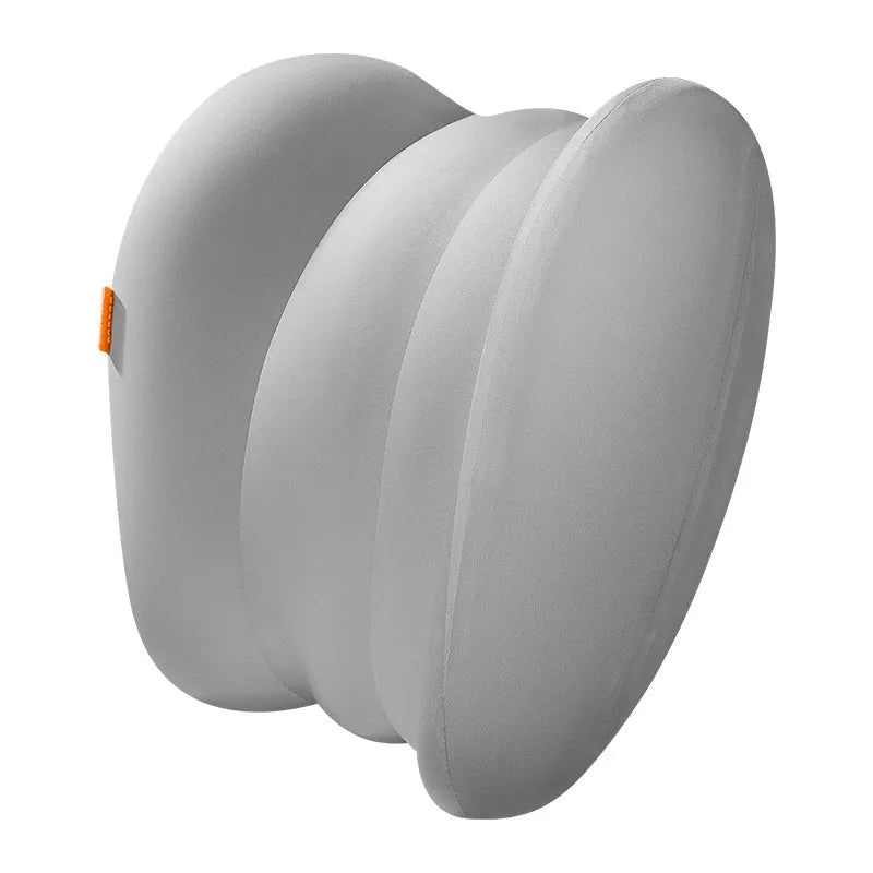 Grey and orange memory foam car head restraint and lumbar pillow set for suspension bins.