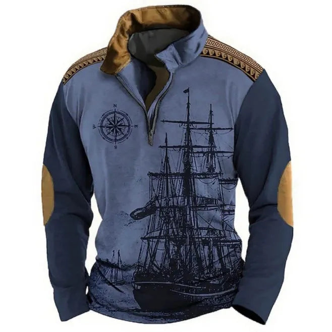 Man wearing a loose-fit long sleeve retro print t-shirt with striped and zipper decorations.