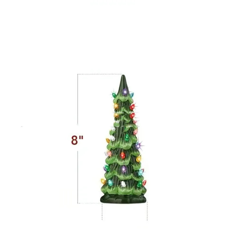 Set of European-style resin Christmas tree ornament decorations in warm and coloured light variants.