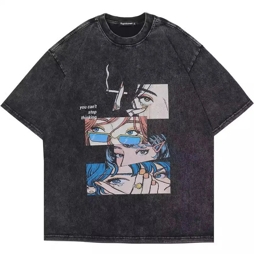 Men's washed black cotton t-shirt with cartoon print, loose street style short sleeve top