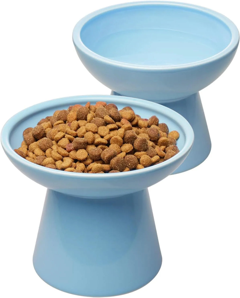 Blue wide ceramic elevated cat food bowl on a white background.