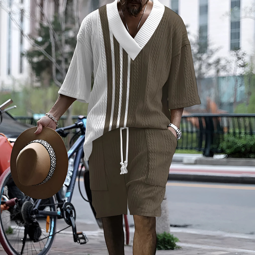 Men's knitted drop-shoulder short-sleeved top and matching shorts set in a printed design