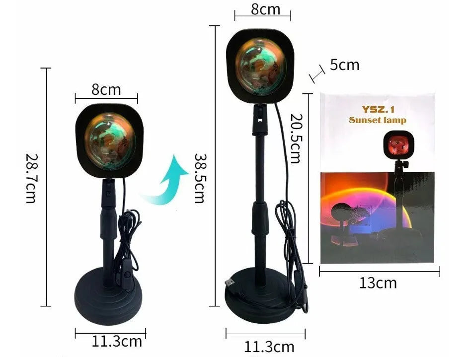 Rechargeable sunset projection lamp showing rainbow atmospheric lighting with USB power connector