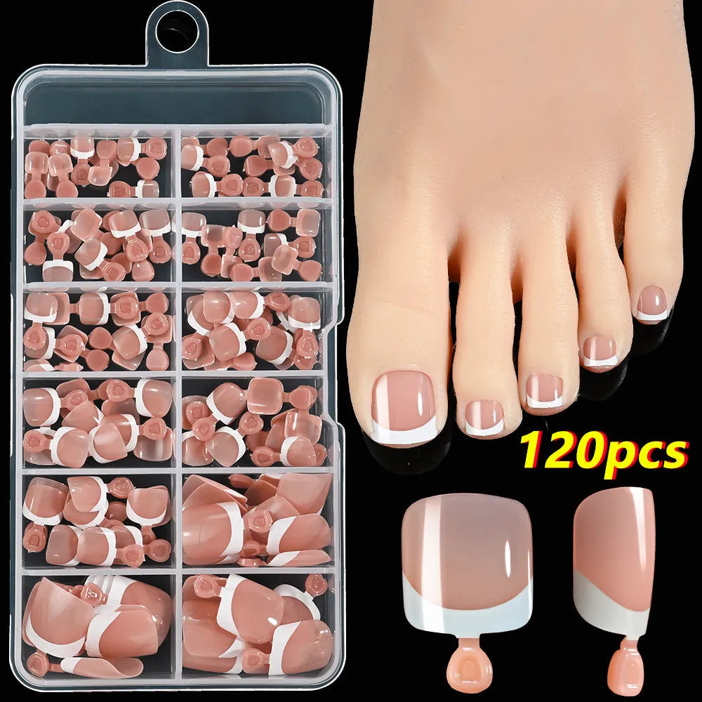 French white edge feet nude full square short artificial nail pieces 120pc boxed set showing multiple nude colour shades