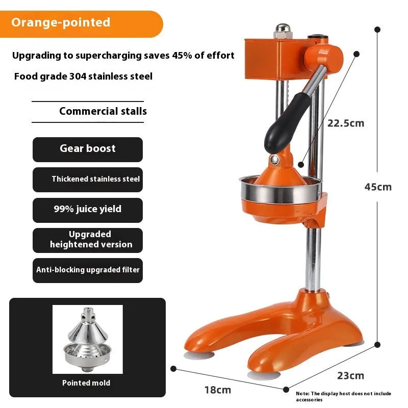 Vertical stainless steel manual juicer on zinc alloy base, showing colour and head style options.