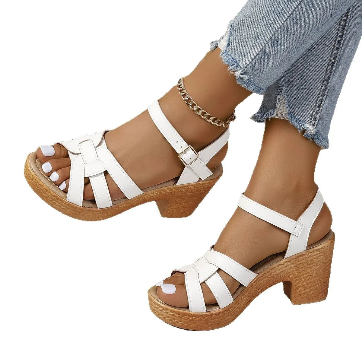 Plus size Roman women's peep toe chunky heel buckle sandals in black on white background