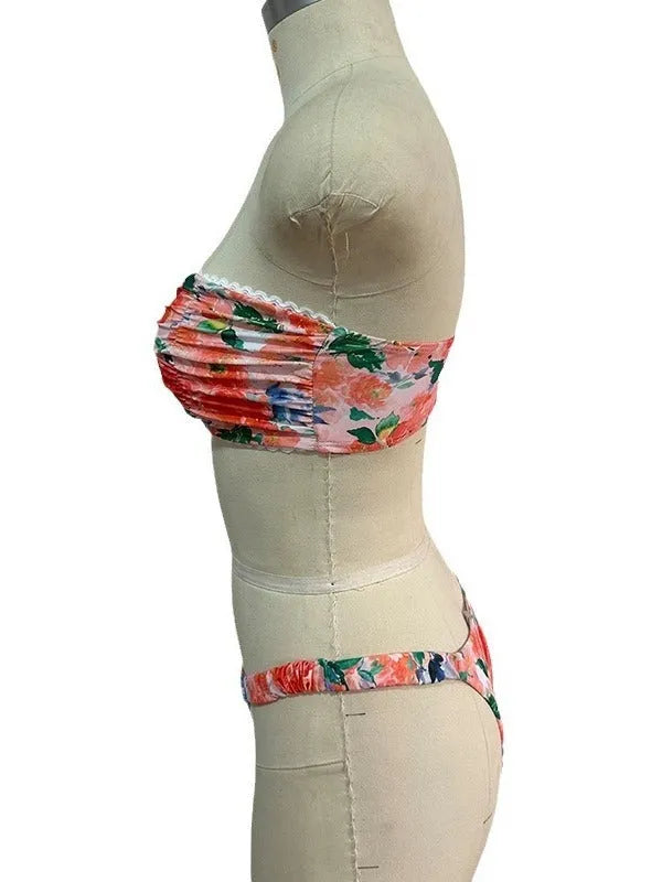 European and American style printed tube top bikini set with lace detailing and floral patterns