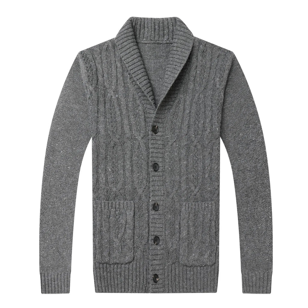 Korean style jacquard patterned men's knitted cardigan jacket on a neutral background.