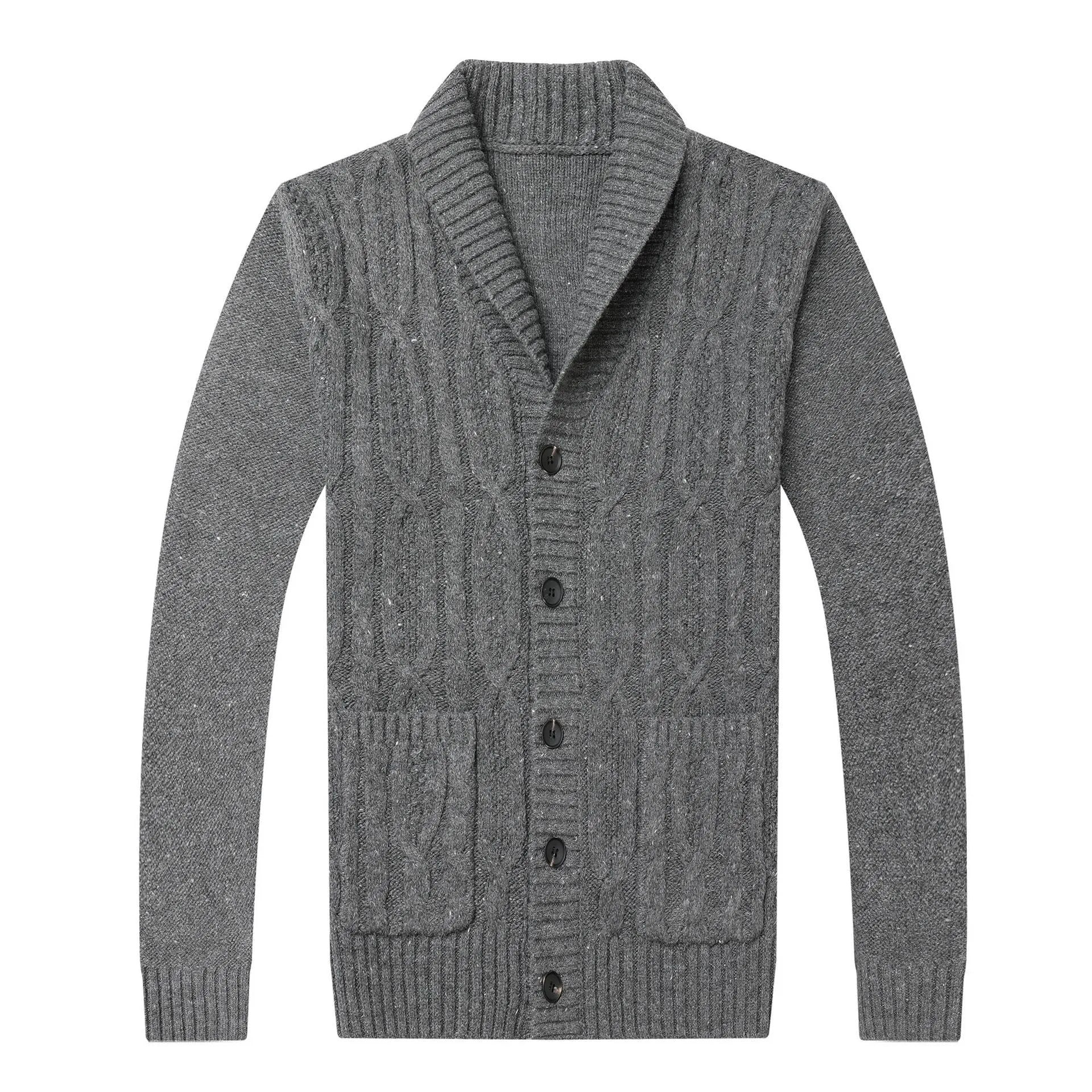 Korean style jacquard patterned men's knitted cardigan jacket on a neutral background.