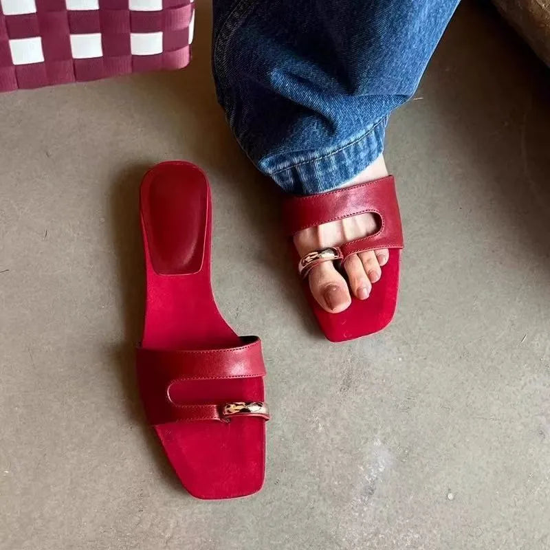 Plus size outdoor leather slippers with square head design in black, red, silver, and white colours
