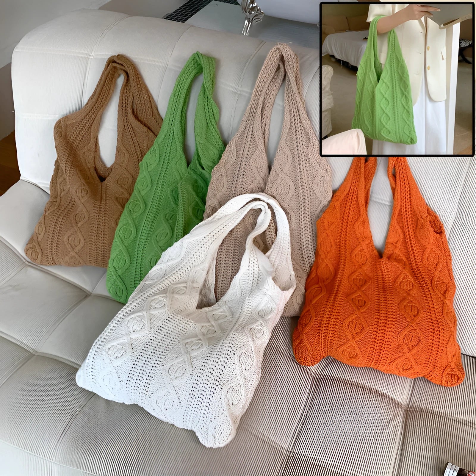 Women's retro crochet shoulder bag in solid colour with double straps and polyester lining