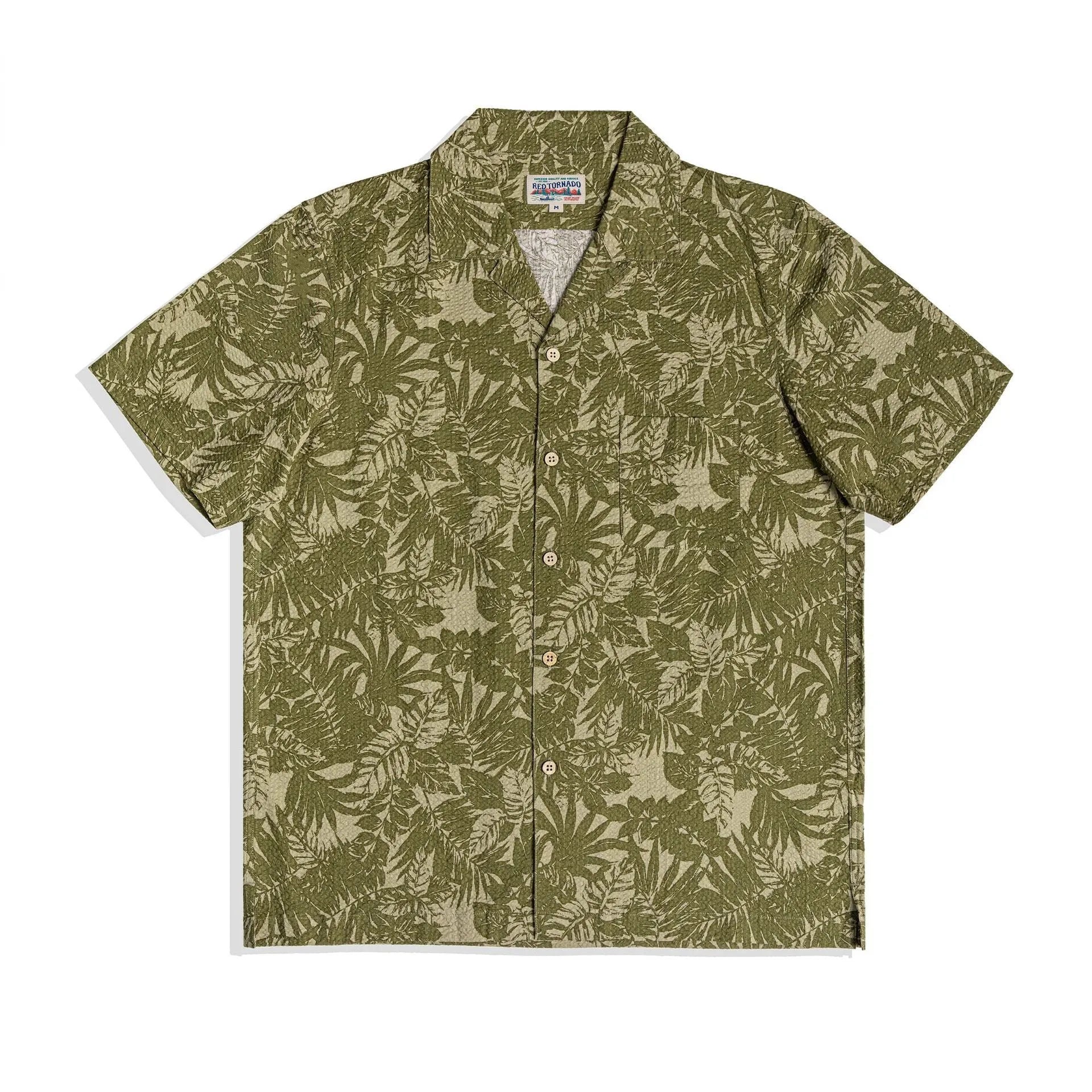 Vintage floral print seersucker shirt with Cuban collar in loose cardigan style for men